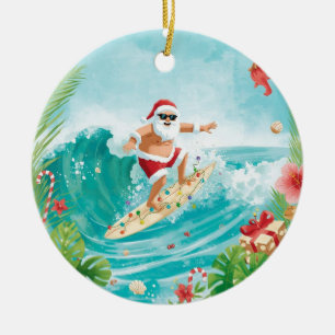 Surfing Christmas with Santa Claus surfer  Ceramic Tree Decoration