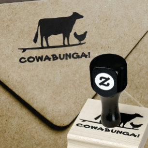 Surfing Cow and Chicken Cowabunga Funny  Rubber Stamp