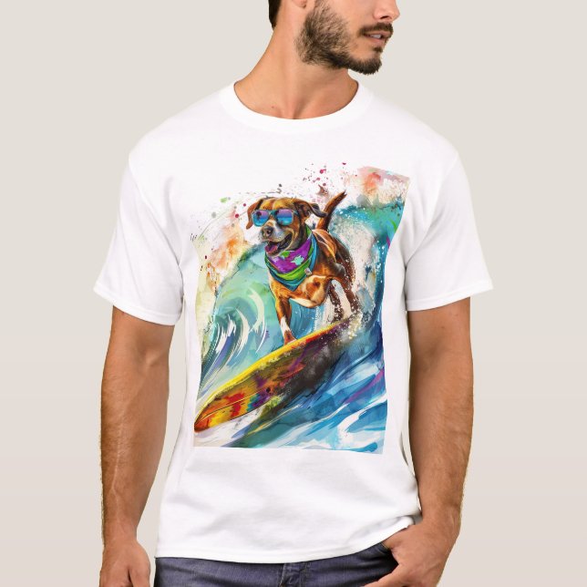 Surfing Dog – Summer Fun Beach Pup Illustration T-Shirt (Front)