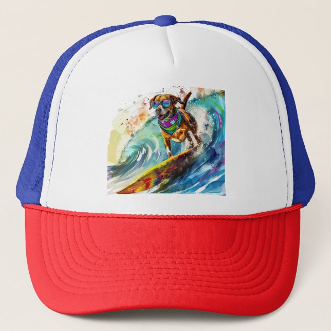 Surfing Dog – Summer Fun Beach Pup Illustration Trucker Hat (Front)