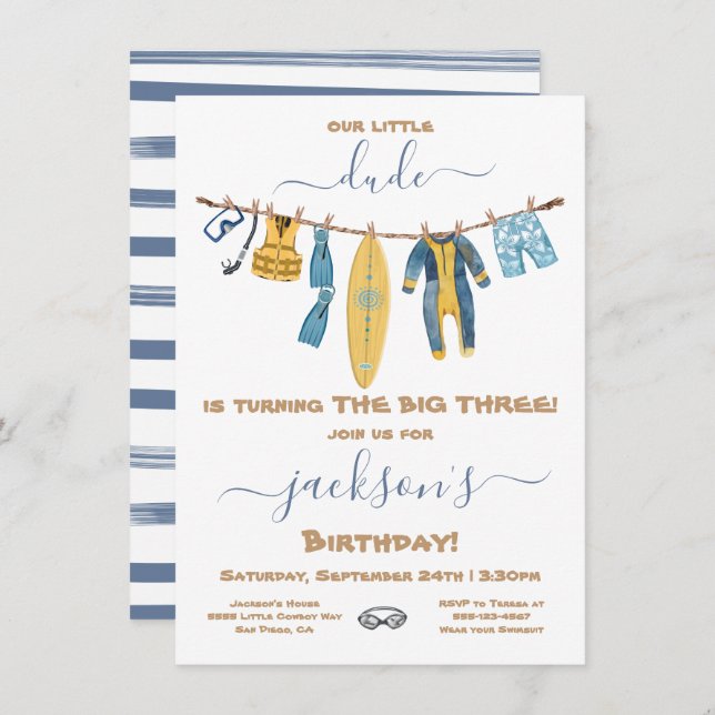 Surfing Dude Birthday Party Clothesline Invitation (Front/Back)
