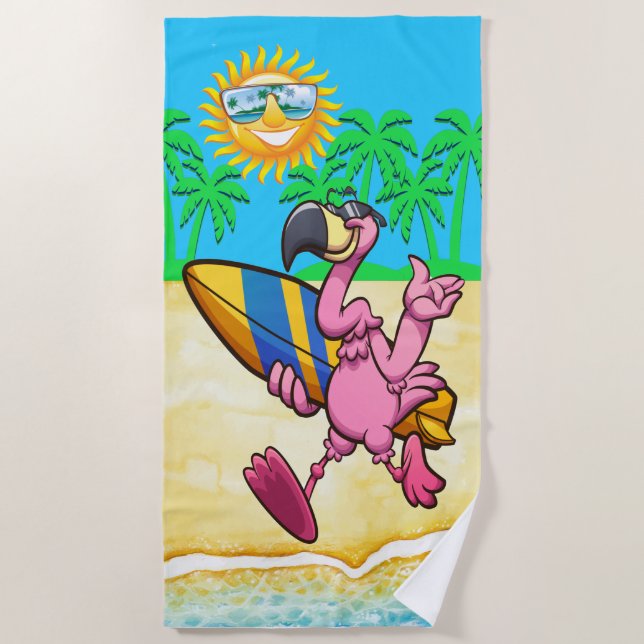 Surfing Flamingo Beach Towel (Front)