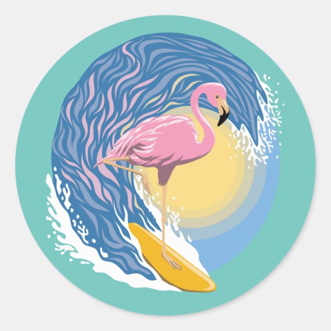 Surfing Flamingo Graphic Illustration Classic Round Sticker (Front)