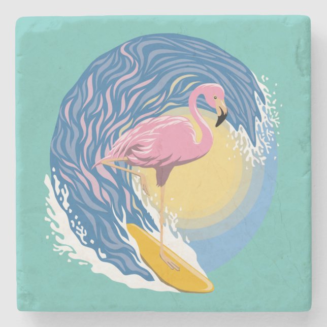 Surfing Flamingo Graphic Illustration Stone Coaster (Front)