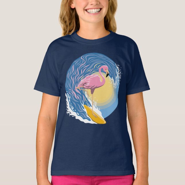 Surfing Flamingo Graphic Illustration T-Shirt (Front)