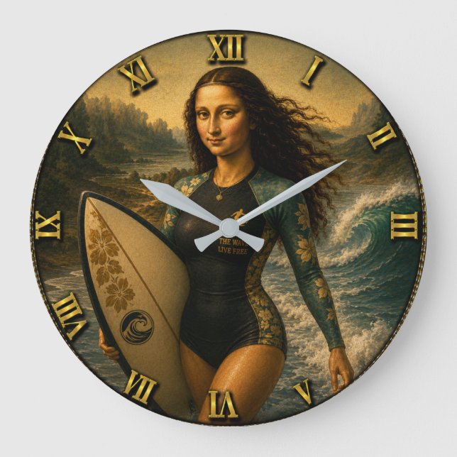 Surfing Funny Mona Lisa for Beach & Ocean Lovers Large Clock (Front)