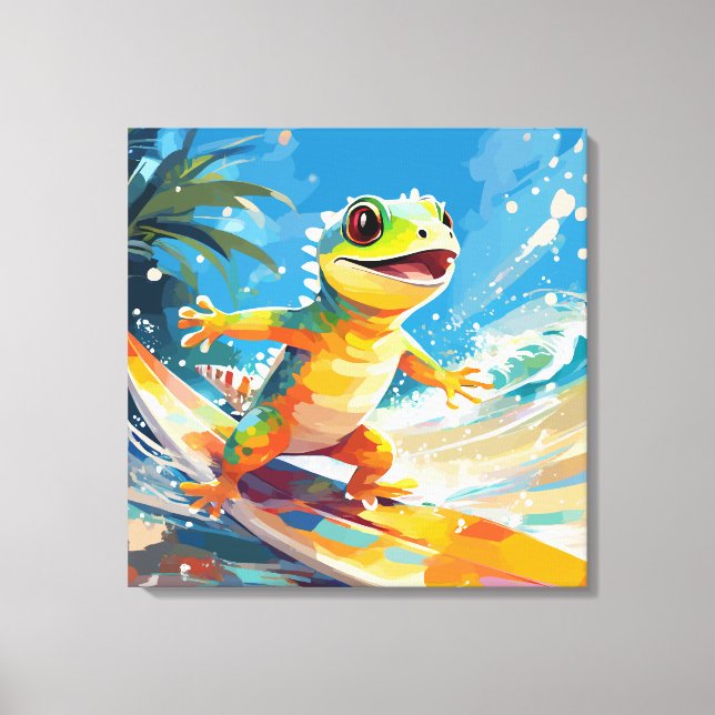 Surfing Gecko Riding The Waves  Canvas Print (Front)
