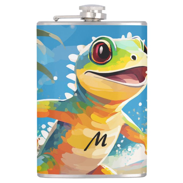 Surfing Gecko Riding The Waves Hip Flask (Front)
