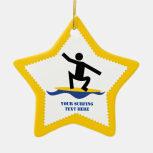 Surfing gifts, surfer on his surfboard custom ceramic tree decoration
