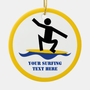 Surfing gifts, surfer on his surfboard custom ceramic tree decoration