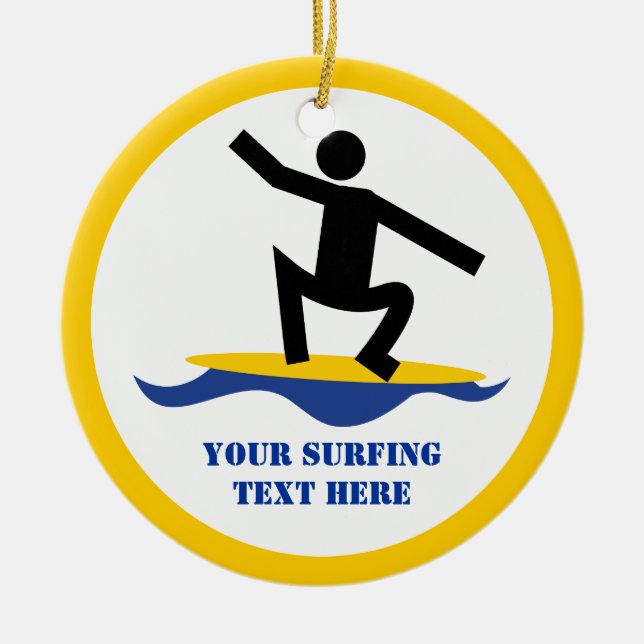 Surfing gifts, surfer on his surfboard custom ceramic tree decoration (Front)