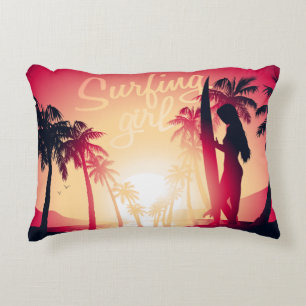 Surfing girl at sunrise decorative cushion