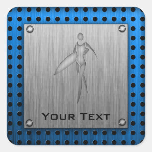 Surfing Girl; Brushed Metal-look Square Sticker