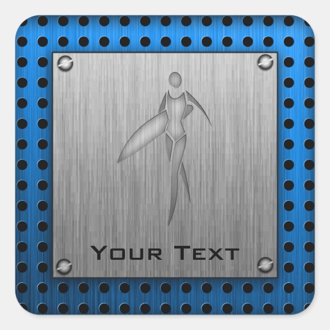 Surfing Girl; Brushed Metal-look Square Sticker (Front)