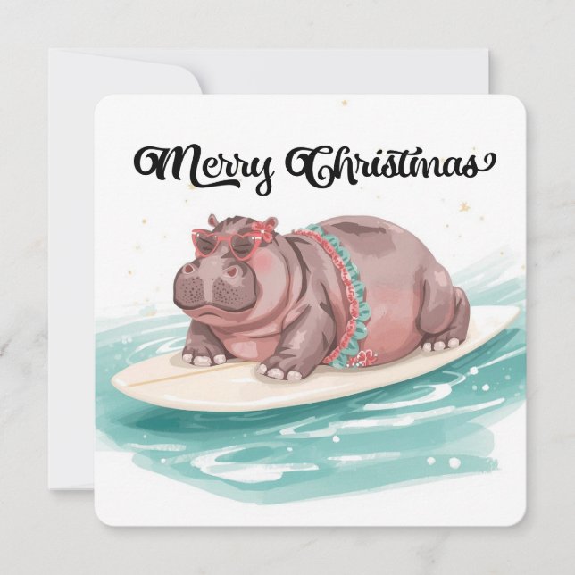 Surfing Hippo Bikini Christmas  Holiday Card (Front)