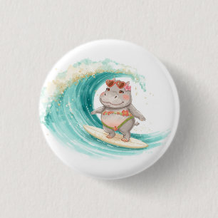 Surfing Hippo Christmas Bikini on big wave 3 Cm Round Badge