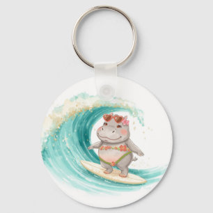 Surfing Hippo Christmas Bikini on big wave Key Ring