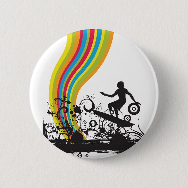 surfing into rainbows 6 cm round badge (Front)