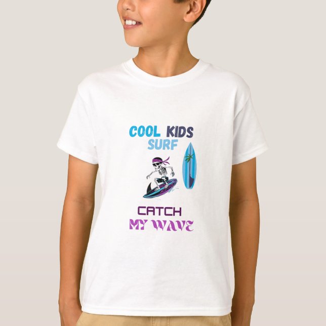 Surfing Kids Shirt Cool Skeleton On Surfboard (Front)
