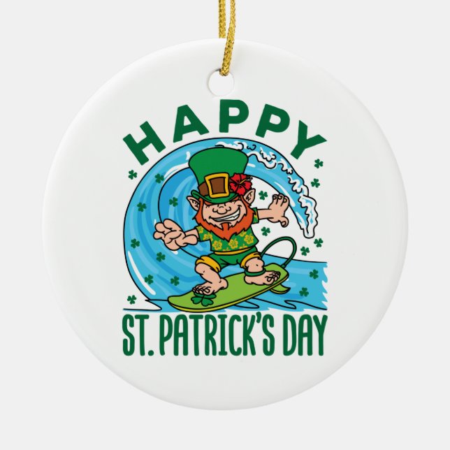 Surfing Leprechaun Hawaiian St Patricks Day Ceramic Tree Decoration (Front)
