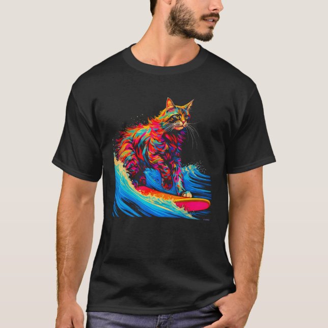 Surfing Maine Coon Cat Surf T-Shirt (Front)