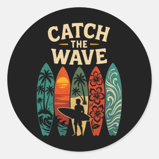 Surfing Ocean Summer Beach Waves Surfboard  Classic Round Sticker (Front)