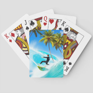 Surfing over a big wave playing cards