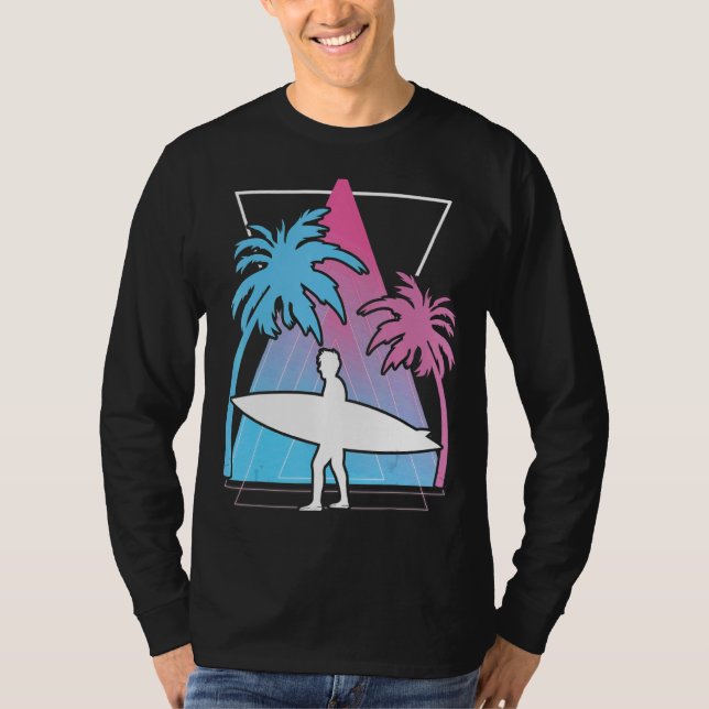 Surfing Palm Trees Surfboard Synthwave Watersport  T-Shirt (Front)