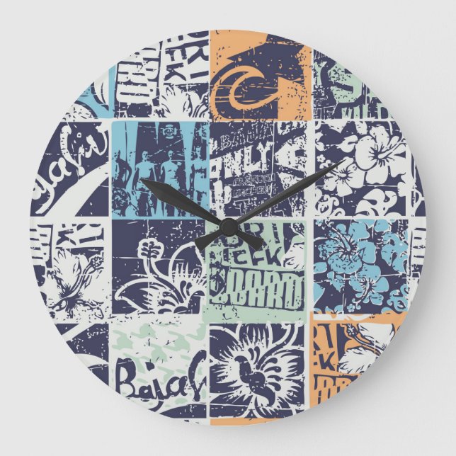 Surfing patchwork: grunge vintage pattern large clock (Front)