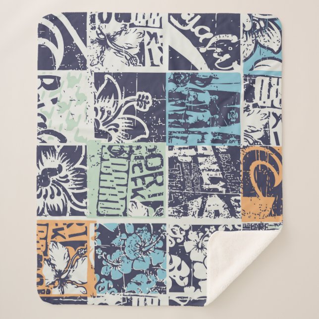 Surfing patchwork: grunge vintage pattern sherpa blanket (Front)