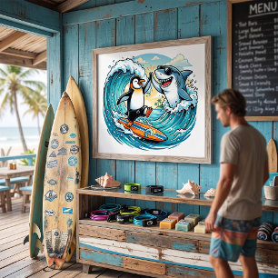 Surfing Penguin and Shark High Five Poster
