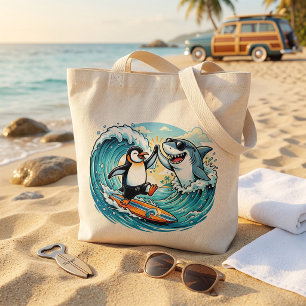 Surfing Penguin and Shark High Five Tote Bag