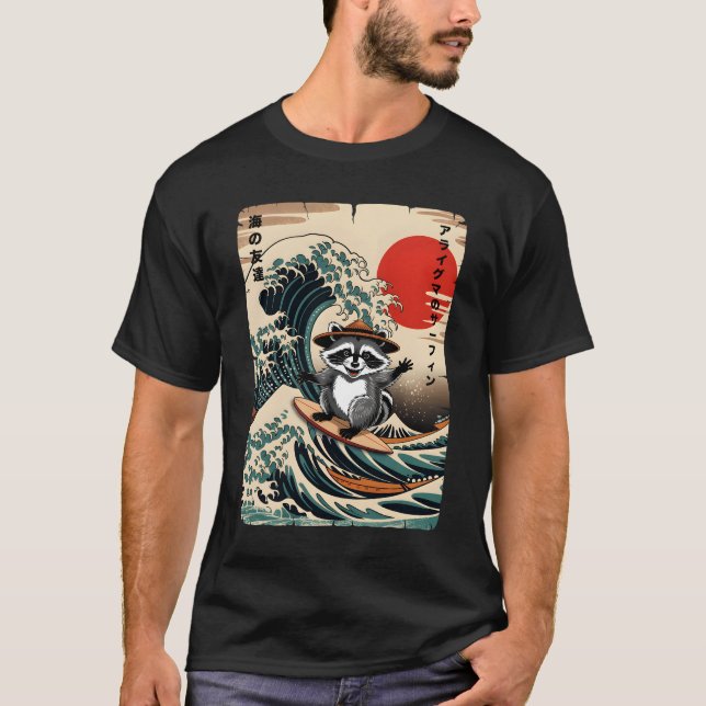 Surfing Racoon Kawaii Anime Great Wave Surfing Ja T-Shirt (Front)