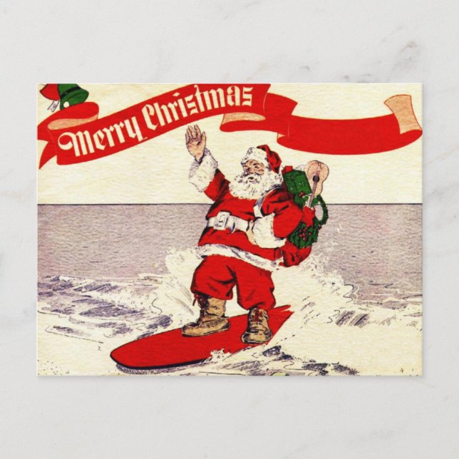 Surfing Retro Santa Postcard (Front)