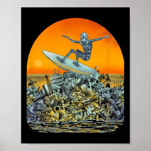 Surfing Robot Junk Surfer - By Emek Artman Poster