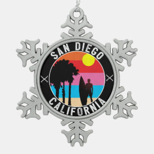 Surfing San Diego California Blacks Beach Swamis Snowflake Pewter Christmas Ornament