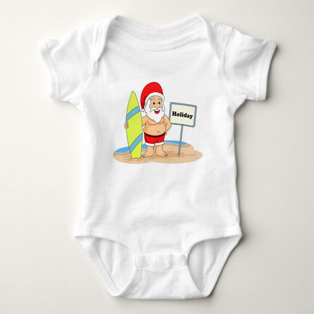 Surfing Santa Baby Bodysuit (Illustration of a cartoon Santa Claus on a beach, wearing a red Santa hat!)
