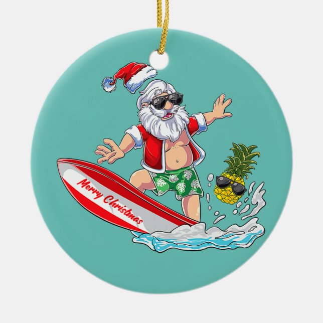 Surfing Santa Beach Holiday Plams Christmas in Ceramic Tree Decoration (Front)