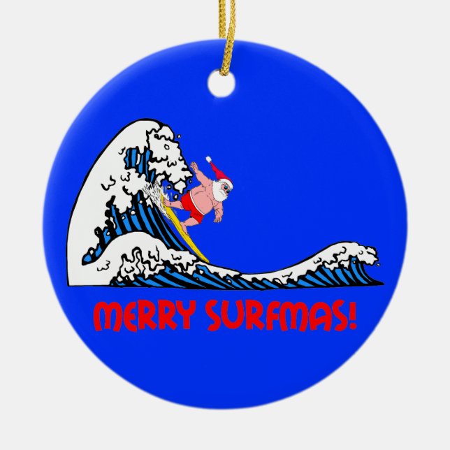 Surfing Santa Ceramic Tree Decoration (Front)