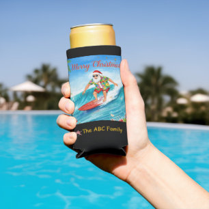 Surfing Santa Christmas in July Coastal  Seltzer Can Cooler