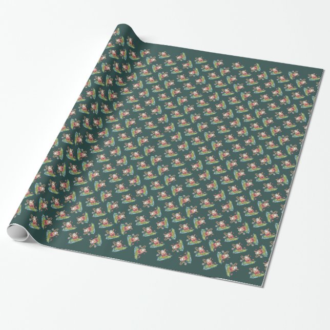 Surfing Santa Christmas Wrapping Paper (Unrolled)