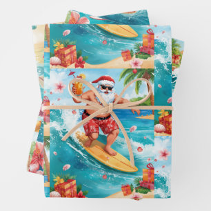 Surfing Santa Christmas Wrapping Paper Sheet