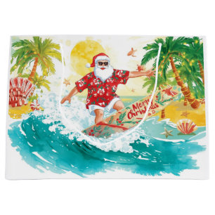 Surfing Santa Claus Christmas Holiday  Large Gift Bag