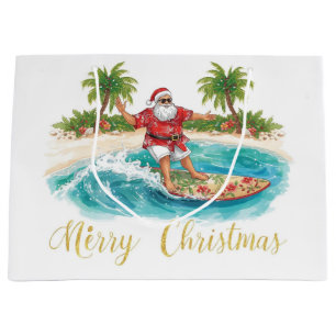 Surfing Santa Claus Christmas Holiday  Large Gift Bag