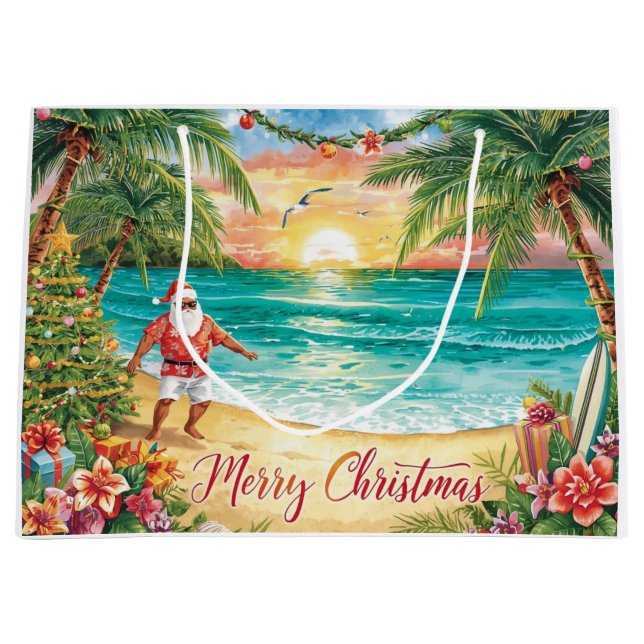 Surfing Santa Claus Christmas Holiday  Large Gift Bag (Front)