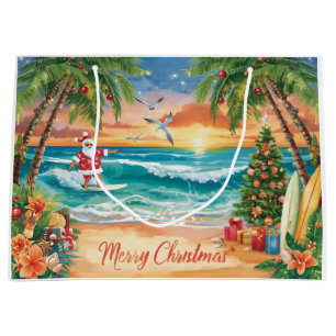 Surfing Santa Claus Christmas Holiday Large Gift Bag
