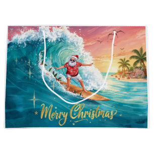 Surfing Santa Claus Christmas Holiday  Large Gift Bag