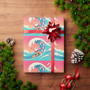 Surfing Santa Claus on a Candy Cane Wave Wrapping Paper