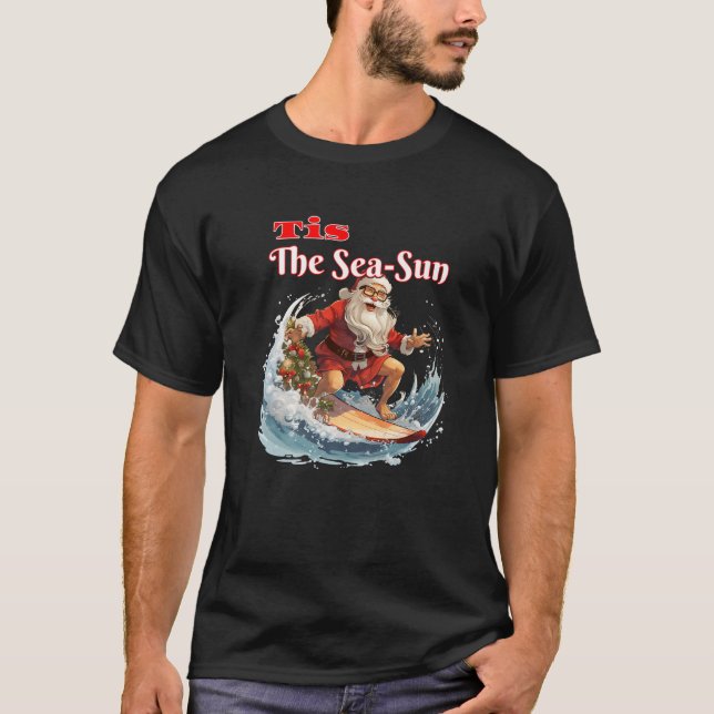 Surfing Santa Claus Tis The Sea Sun Premium T-Shirt (Front)