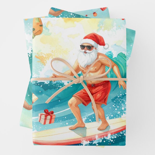 Surfing Santa Claus  Wrapping Paper Sheet (In situ)